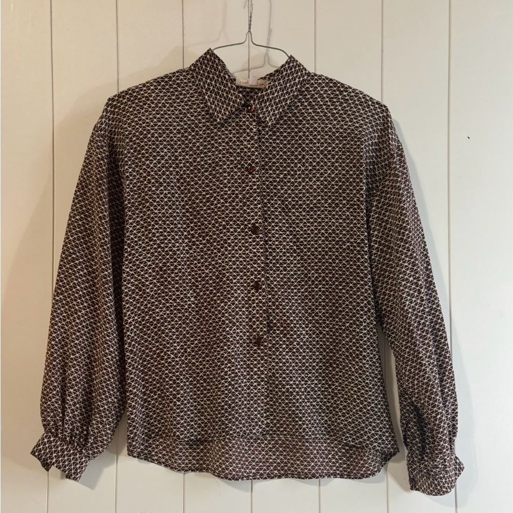 Vintage Betty Hanson Brown And White Abstract Silk Blouse Women’s Size 10